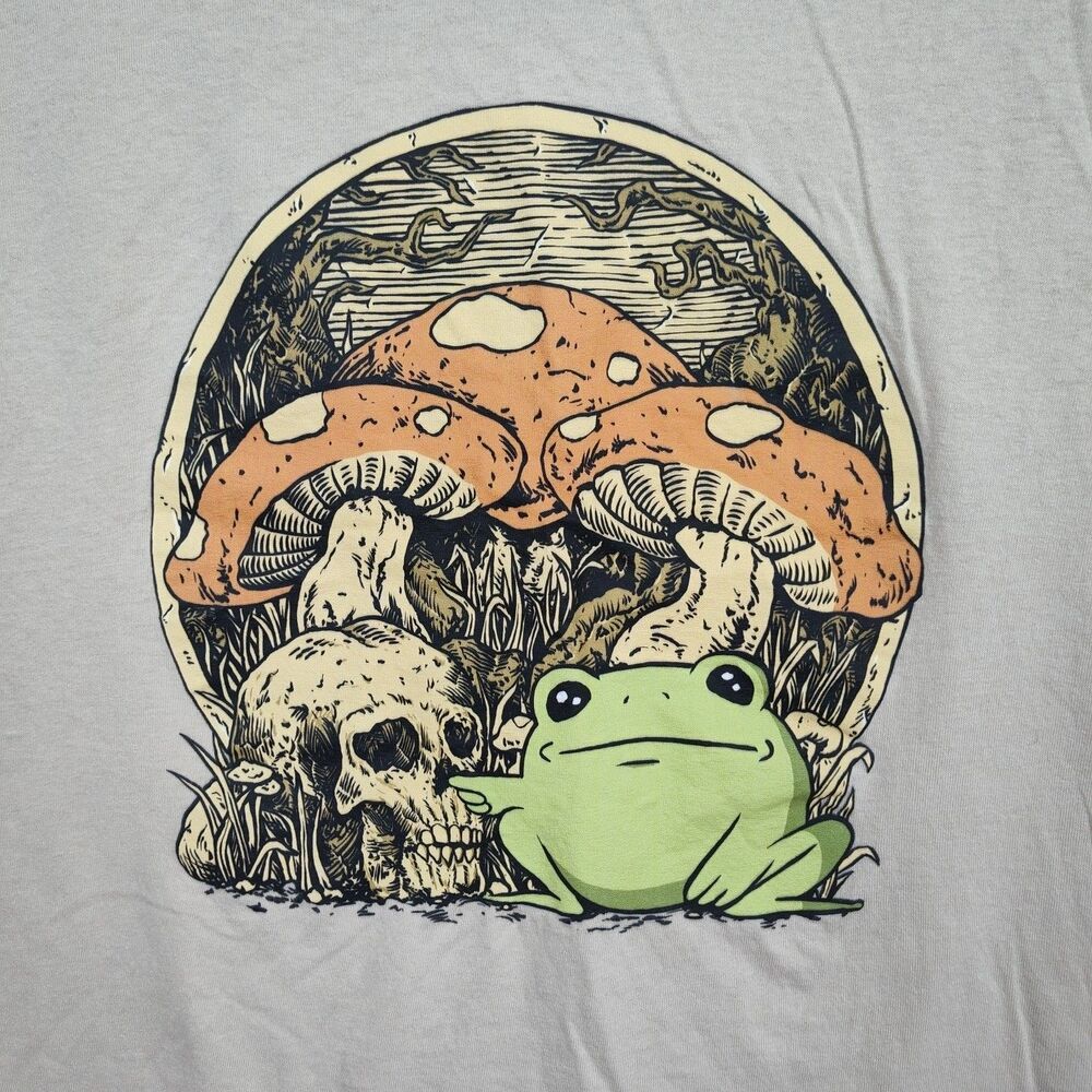 Threadless‎ mushroom, frog, & skull t-shirt, women's L, tan w/ graphic print - Picture 2 of 8
